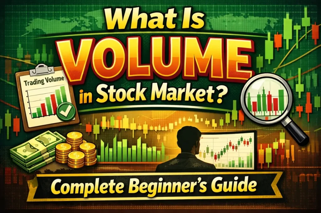 Stock market chart displaying trading volume bars below a price graph, highlighting high and low volume activity for beginner investors.