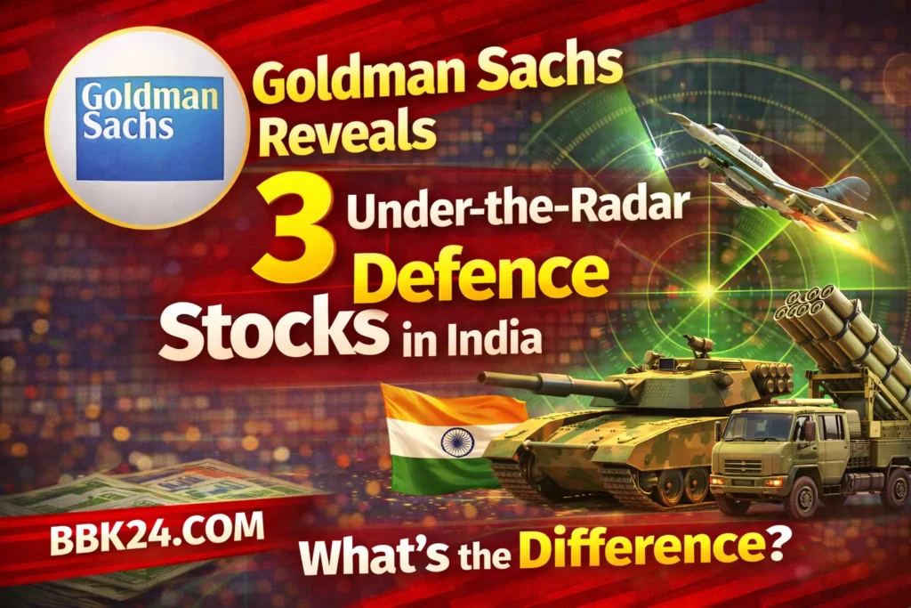 Stock market graphic showing Indian defence sector companies with growth arrows, military equipment icons, and an upward trending chart symbolizing undervalued investment opportunities.