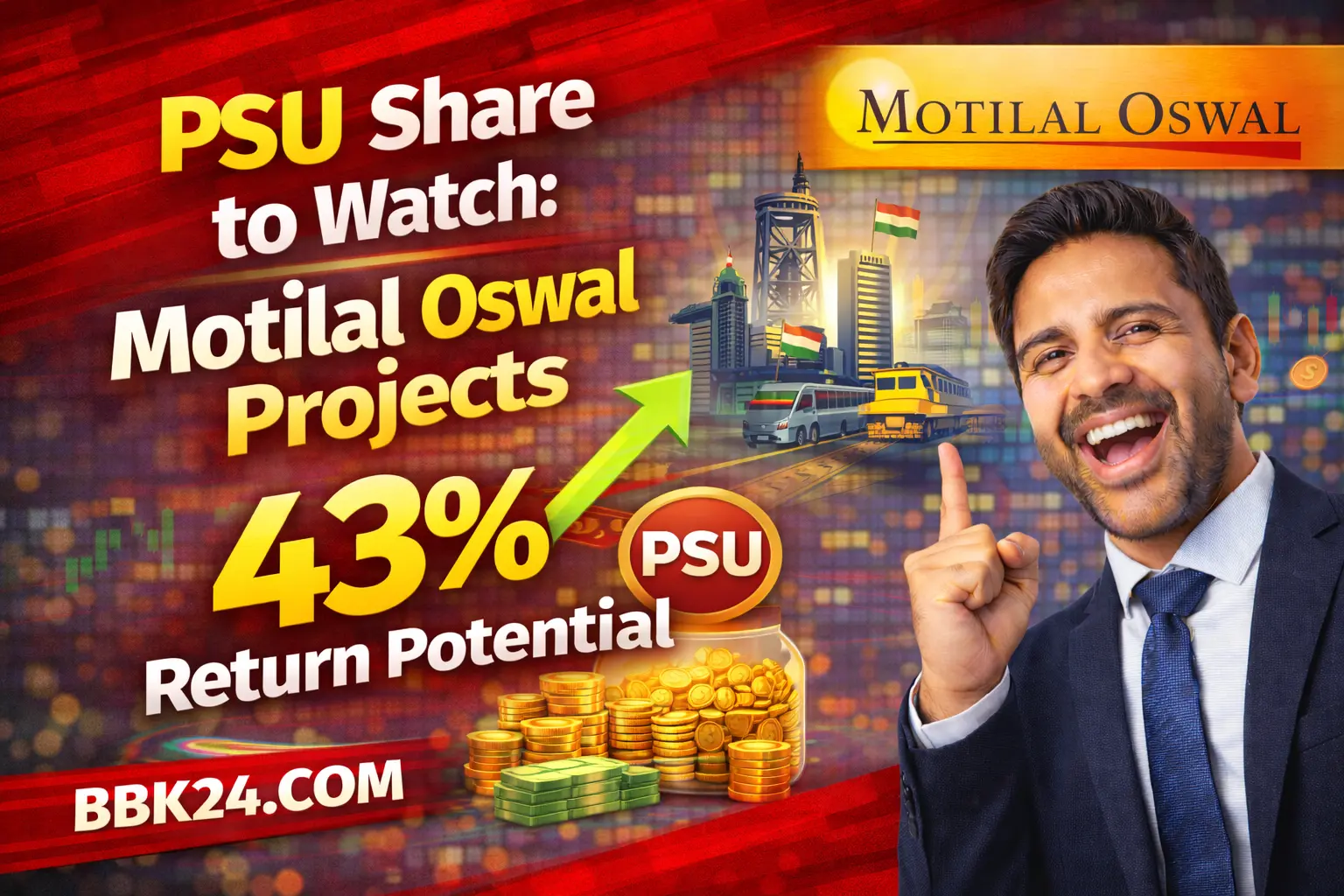 Image of stock market chart showing upward trend with PSU label and 43% upside target highlighted, representing Motilal Oswal’s stock recommendation.