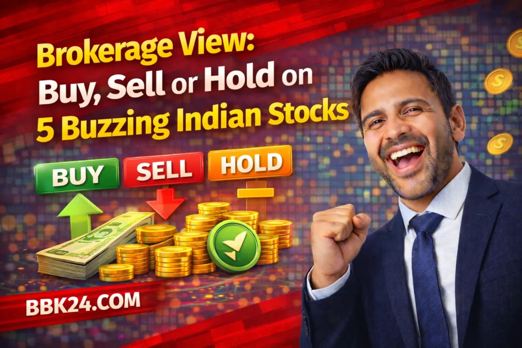 Stock market dashboard showing five Indian company charts with buy, sell, and hold indicators highlighted by expert analysis.