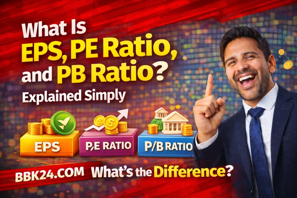 Infographic explaining EPS, PE ratio, and PB ratio with simple formulas, stock price charts, and financial comparison icons.