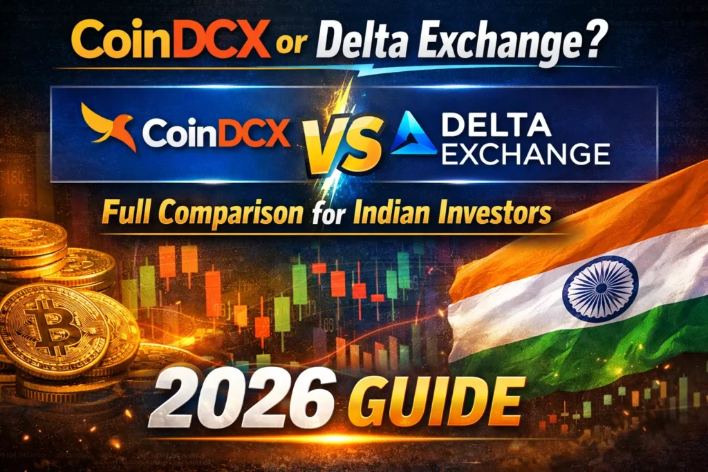 Comparison graphic showing CoinDCX and Delta Exchange logos with crypto charts, trading features, and fee comparison icons for Indian traders.